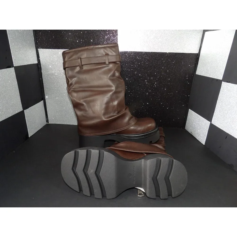 Mid-Calf Lug Sole Dress Boots - Brown (Size US Women's 7)